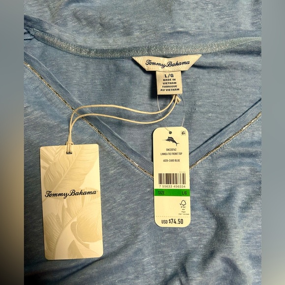 TOMMY BAHAMA Linnea Tie Front Linen Embellished Blouse, NWT, Size Large - Picture 5 of 6